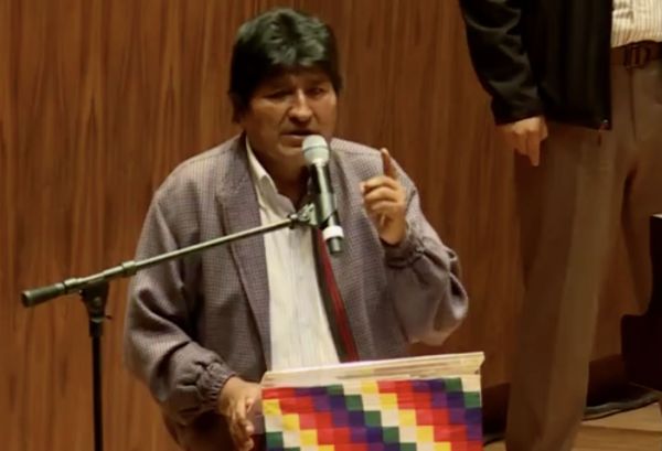 Evo Morales during his speech at the National Autonomous University of Mexico. 