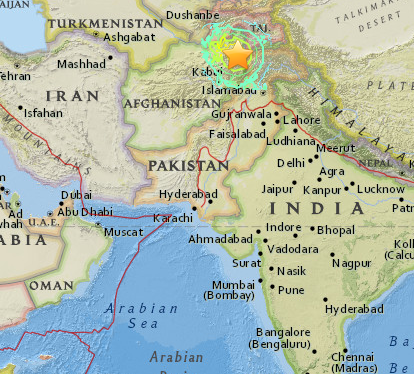 Site of earthquake | Image: United States Geological Survey This content was originally published by teleSUR at the following address: "http://www.telesurtv.net/english/news/UPDATES-Earthquake-Kills-at-Least-100-in-Afghanistan-Pakistan-20151026-0011.html". If you intend to use it, please cite the source and provide a link to the original article. www.teleSURtv.net/english