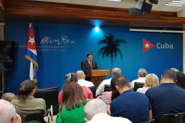 Cuban Foreign Minister during a press conferences to present the new report on the impact of the USA blockade on Cuba