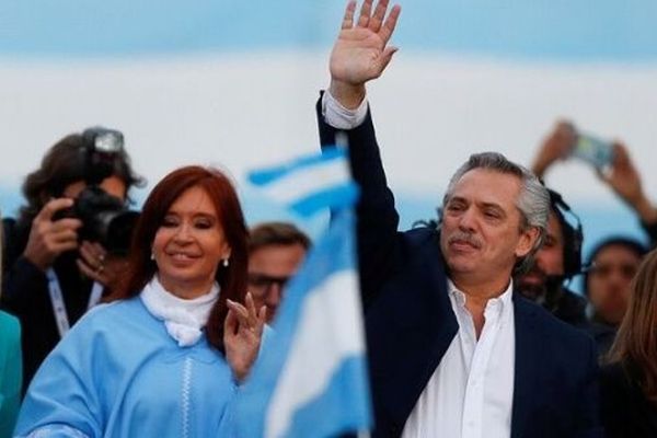 Alberto Fernandez and his running mate, former President Cristina Fernandez, greet supporters in Mar del Plata, Argentina, on October 24, 2019