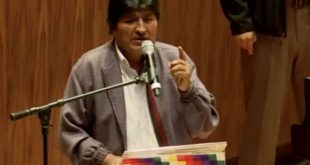 Evo Morales during his speech at the National Autonomous University of Mexico.